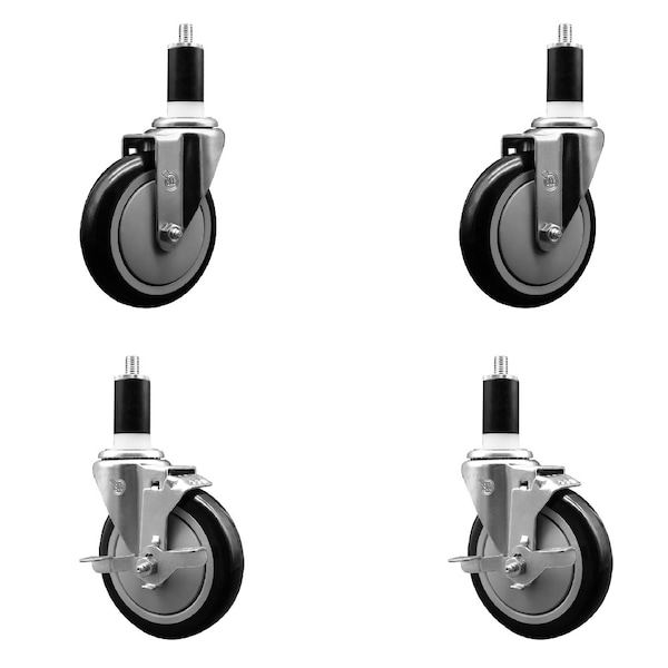 Service Caster 5'' Black Poly Wheel Swivel 1-3/8'' Expanding Stem Caster Set 2 Brakes, 4PK SCC-EX20S514-PPUB-BLK-2-TLB-2-138 - main
